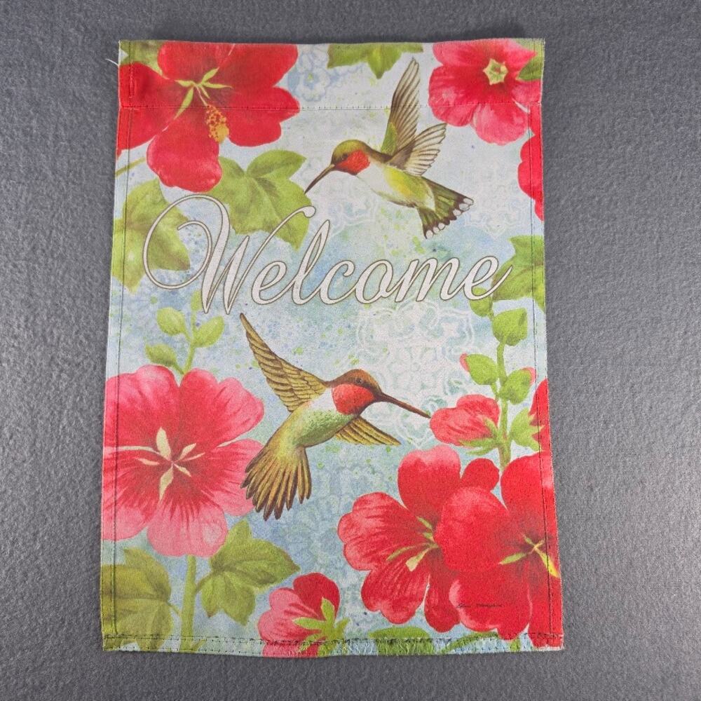 Garden Flag 18x12" Welcome Hummingbirds Hibiscus Flowers Spring Summer